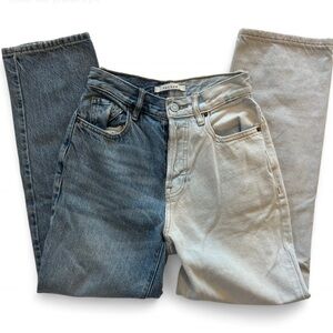 Two Tone High Rise Straight Leg Jeans